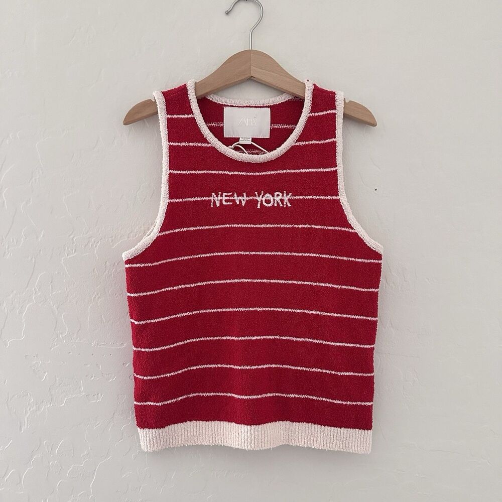 ZARA Terry Cloth Tank Red White Striped New York Crop Top Size 12-13Y